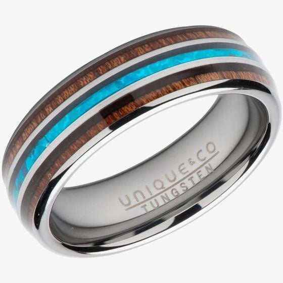 Unique & Co Tungsten Carbide Ring with wood inlay & Blue TUR-124