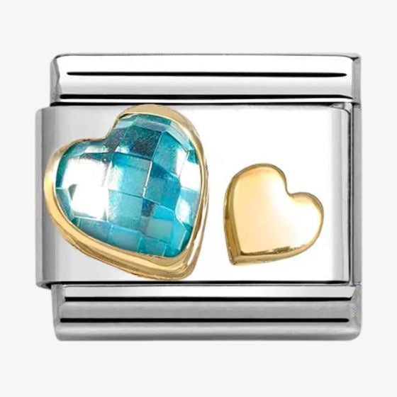 NOMINATION CLASSIC Yellow Gold Light Blue Cubic Zirconia Double Heart Charm 030613-07