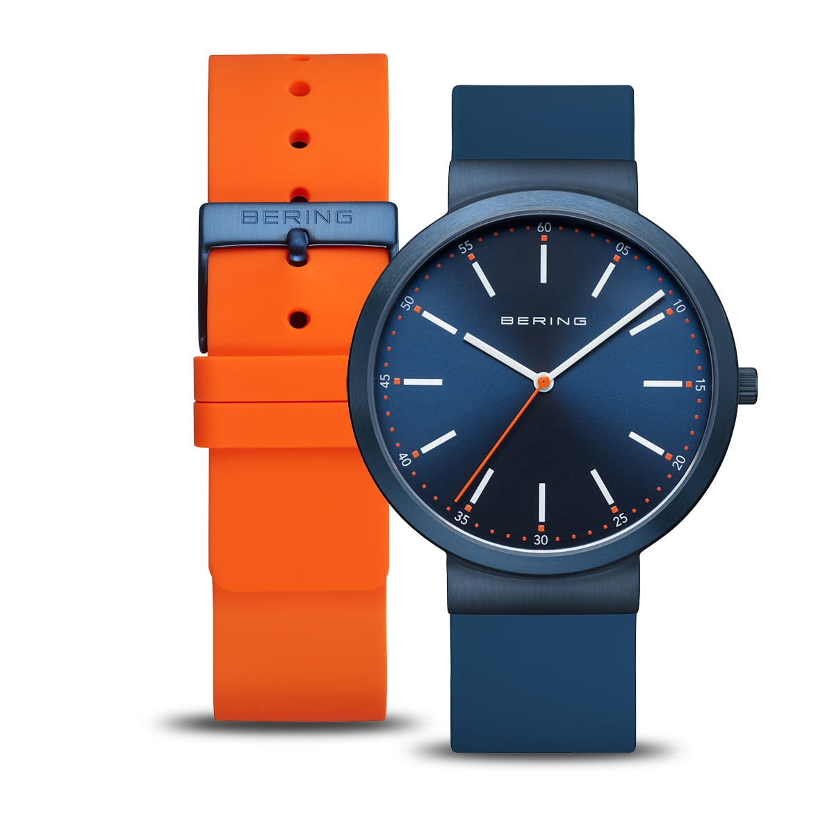 Bering Polished Blue Watch with interchangeable orange strap 10141-397