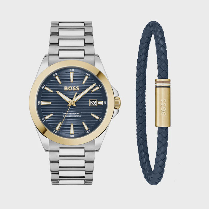 BOSS Watch and Bracelet Set s/s gold Blue 1570191