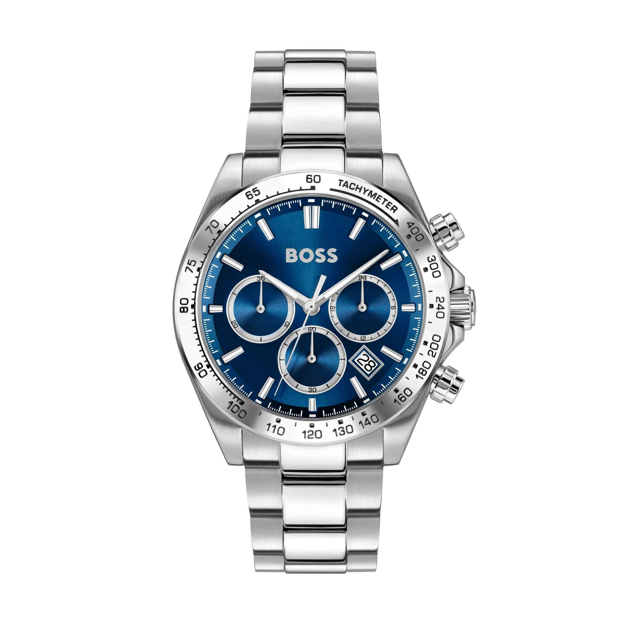 BOSS Mens Hero 2.0 Silver Tone Blue Chronograph Watch 1514315