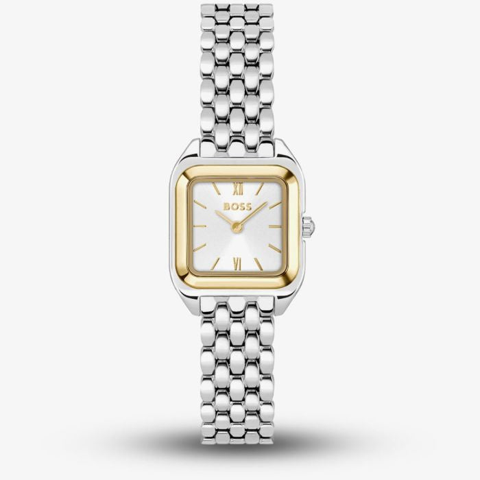 BOSS Ladies Mae Petite Two Tone Rectangle White Dial Watch 1502821