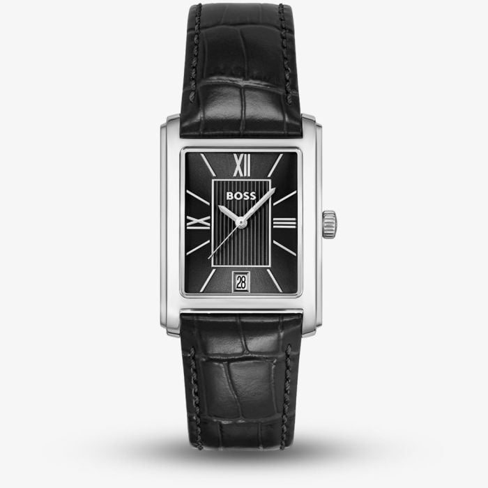 BOSS Mens Principle Rectangle Dial Black Leather Strap Watch 1514277