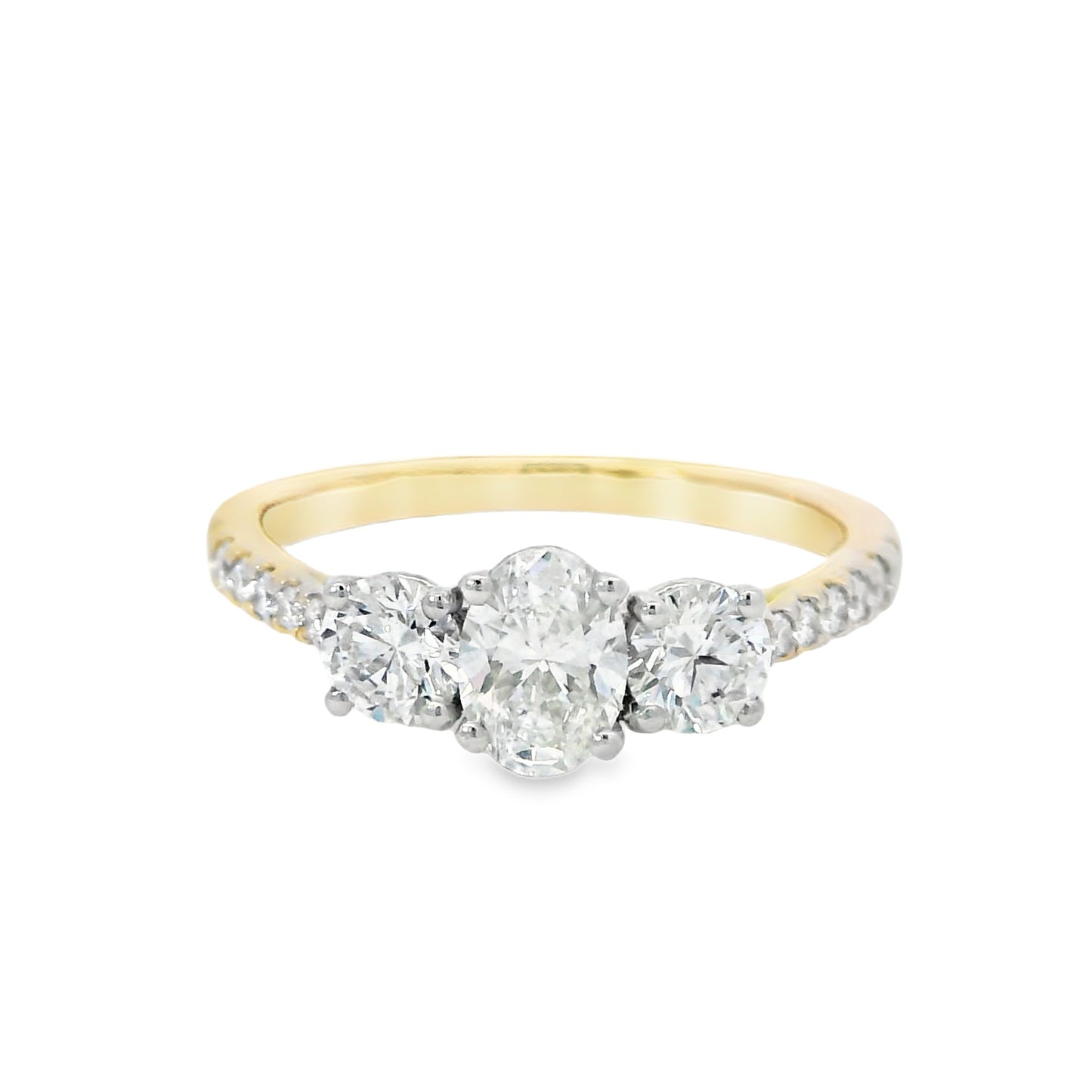 18ct Gold Oval Cut Trilogy Diamond Ring with Diamond Shoulders 1.22ct