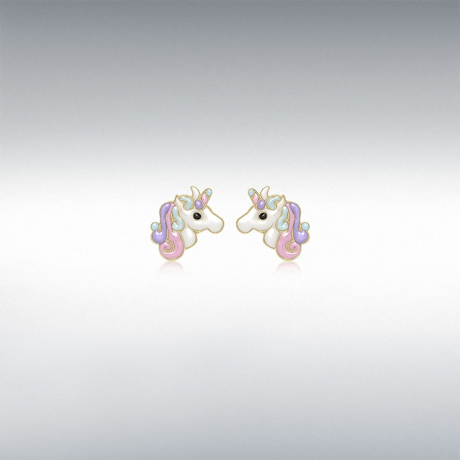 9ct Yellow Gold 10.5mm x 11mm Enamel Unicorn Stud Earrings 1.55.8939