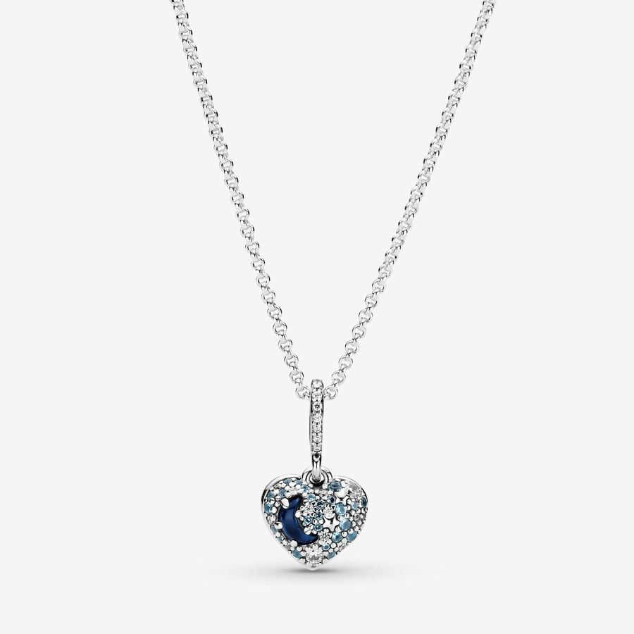 PANDORA Sparkling Blue Moon & Stars Heart Necklace 399232C01-50