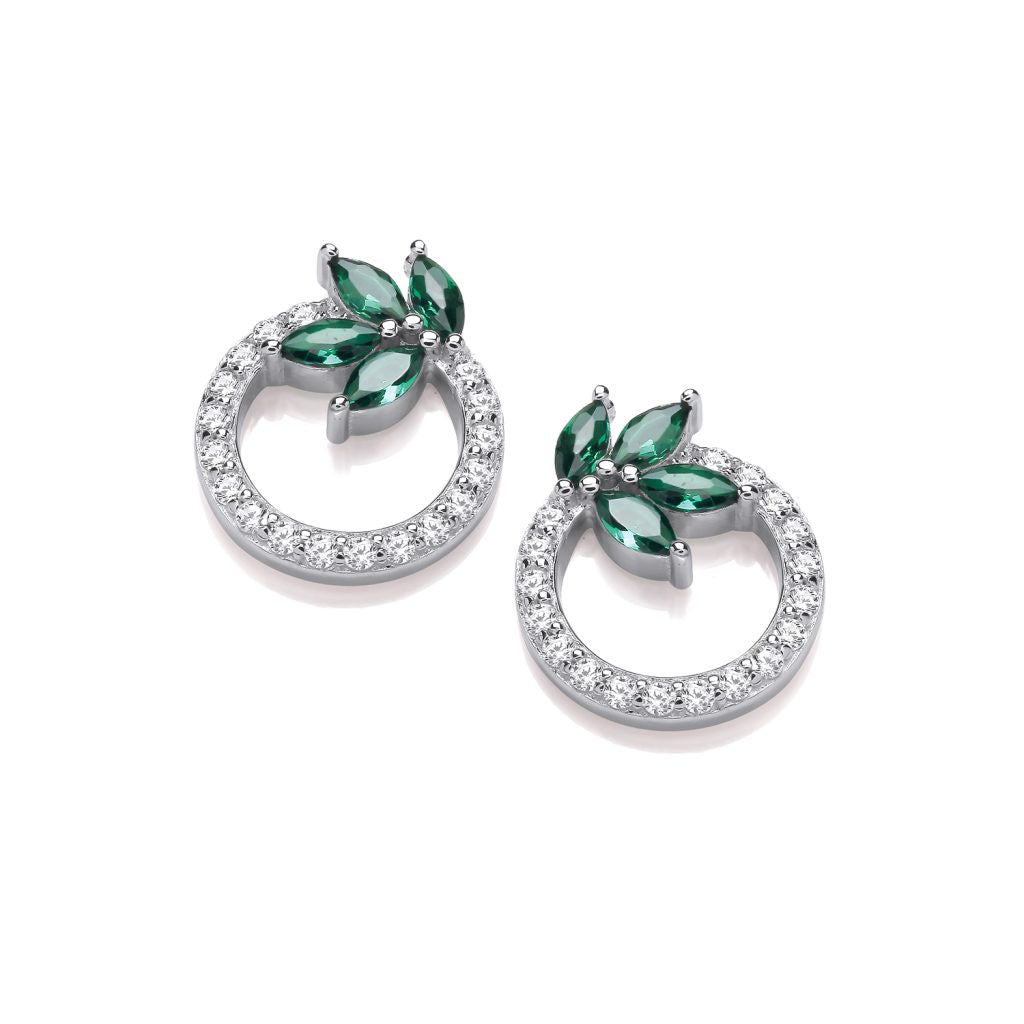 Silver Emerald Green CZ Leaf Circle Earrings 50266E
