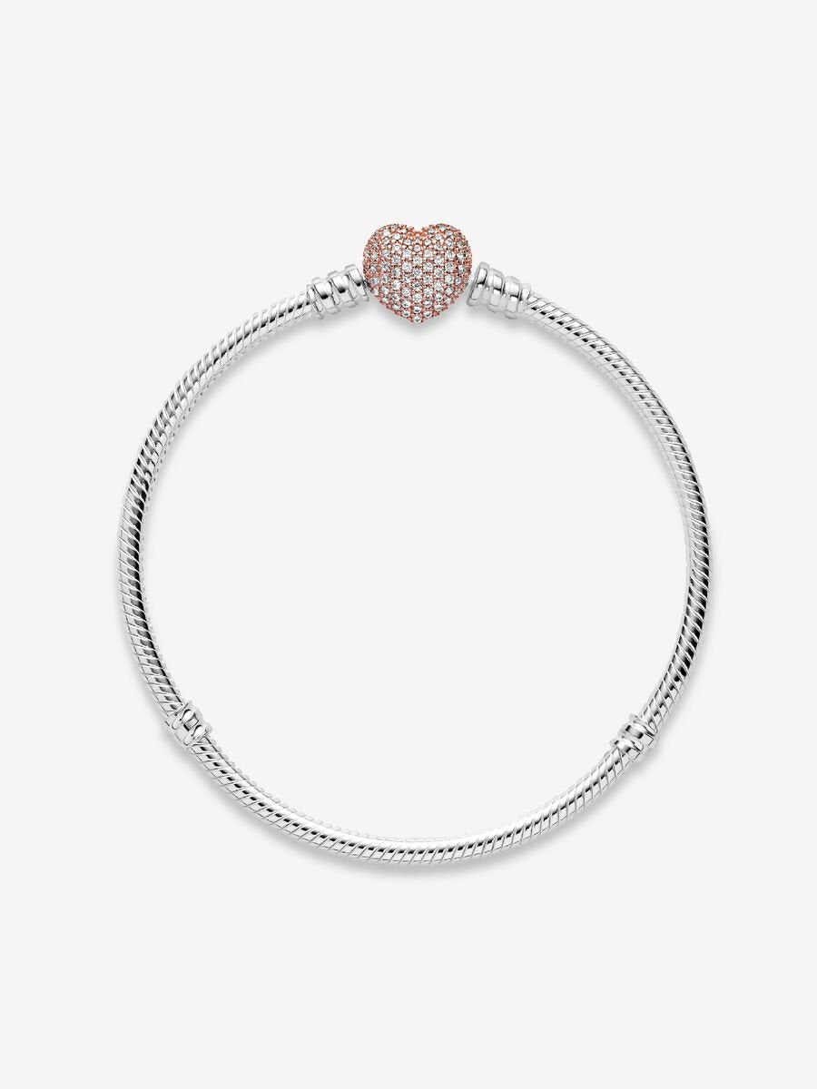 PANDORA Rose Pavé Heart Clasp Silver Snake Chain Bracelet 586292CZ