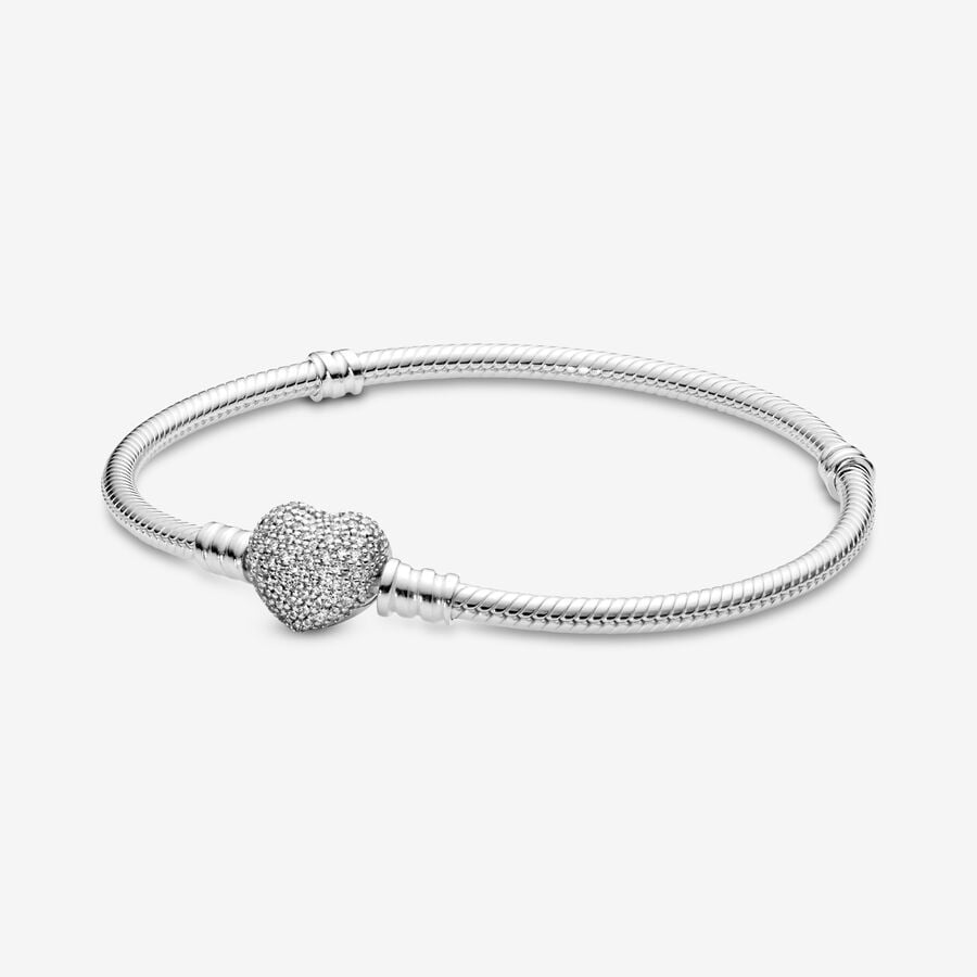 PANDORA Moments Sparkling Heart Pavé Clasp Snake Chain Bracelet 590727CZ