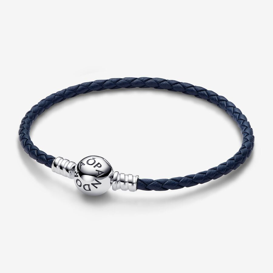 PANDORA Moments Round Clasp Blue Braided Leather Bracelet 592790C01