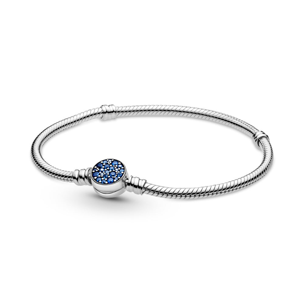 PANDORA Silver Snake Chain with Disc Clasp Stellar Blue Crystal 599288C01