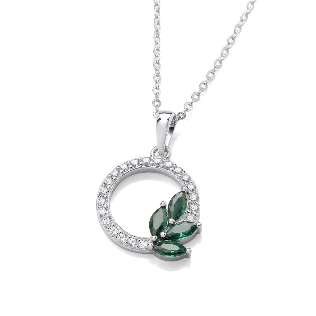 Silver Emerald Green CZ Leaf Circle Set Necklace 60046E