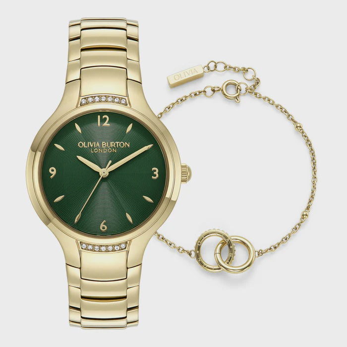 Olivia Burton Gold Tone Green Dial Watch & Interlock Bracelet Gift Set 24070022