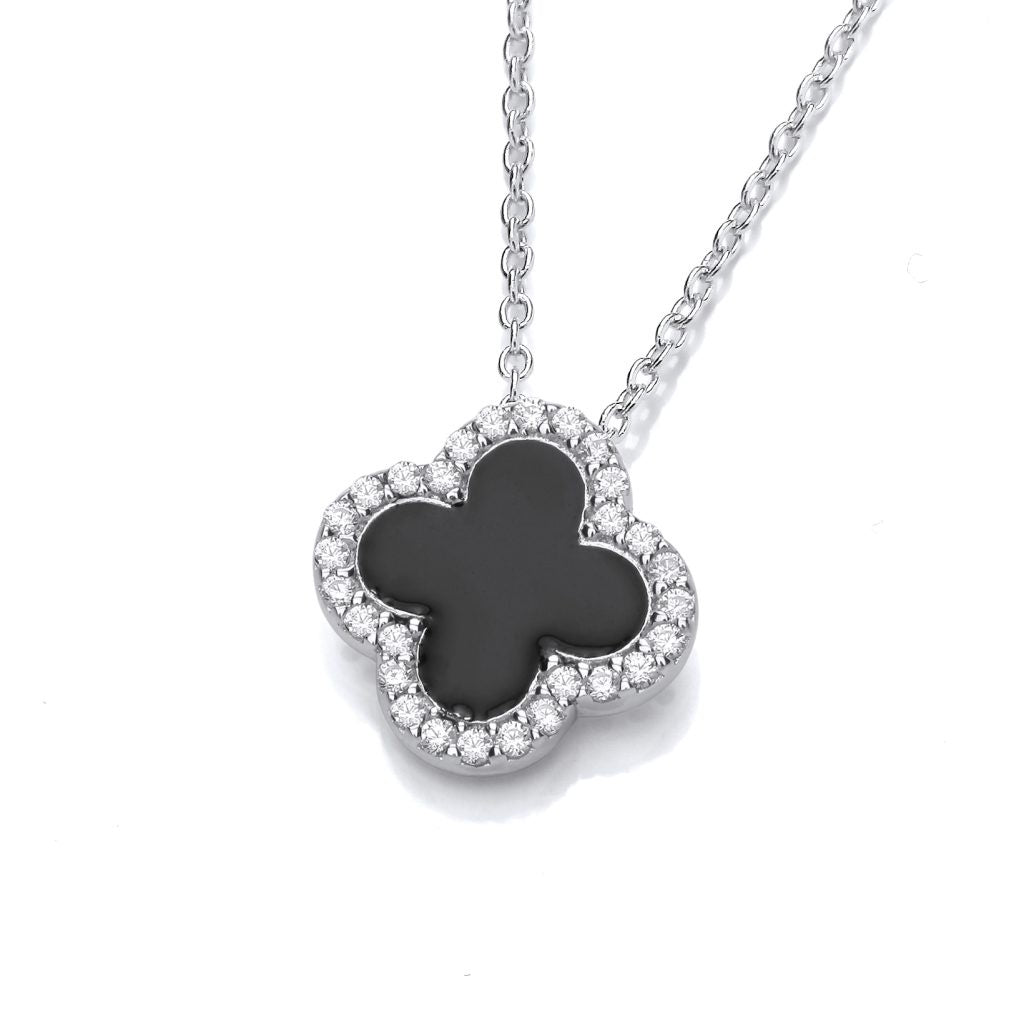 Silver Clover Black Enamel Pendant 6972B