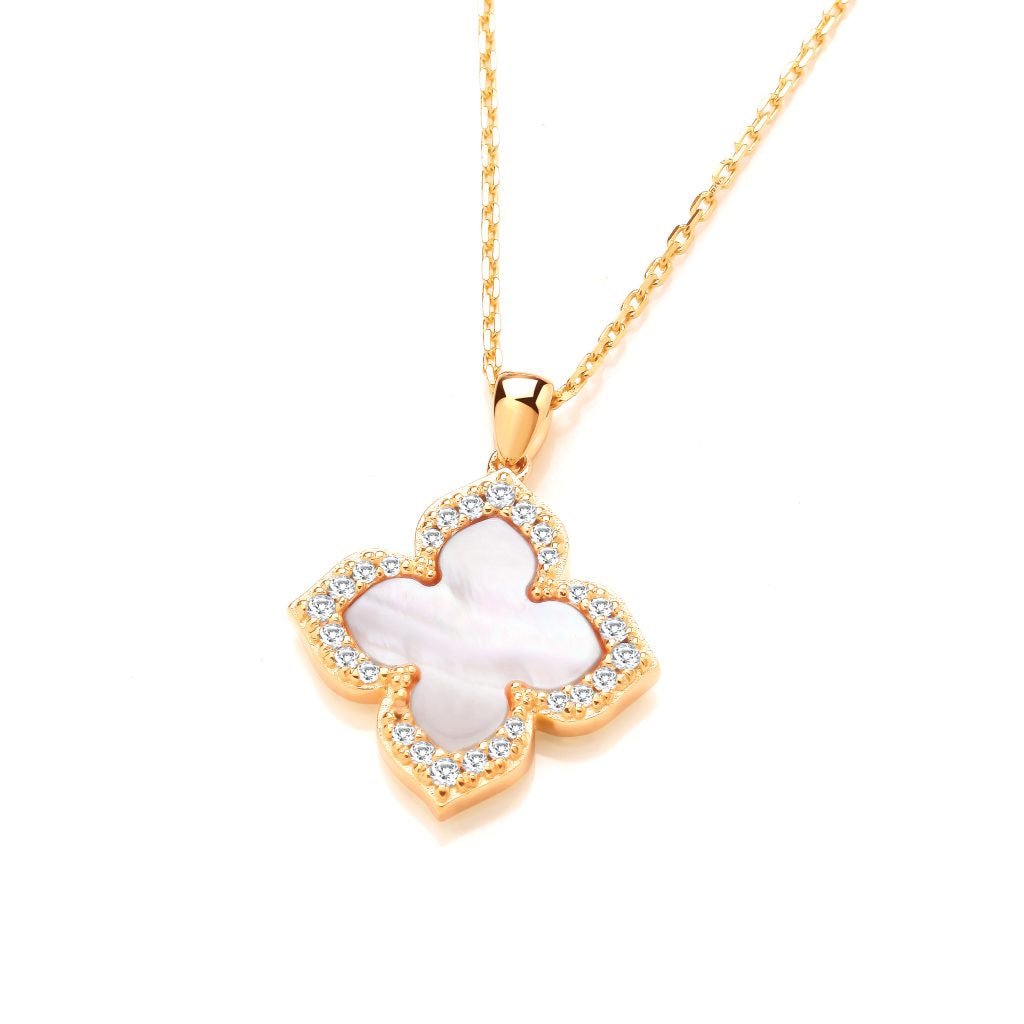Gold Plated CZ Clover Necklace with Pink MOP 6971GP