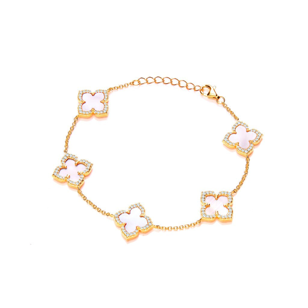 Gold Plated CZ Clover Bracelet with Pink MOP 2969GP