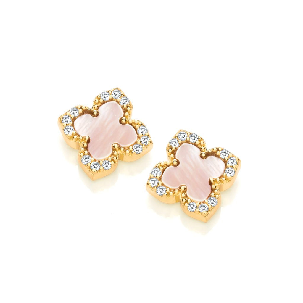 Gold Plated CZ Clover Earrings with Pink MOP 50136GP
