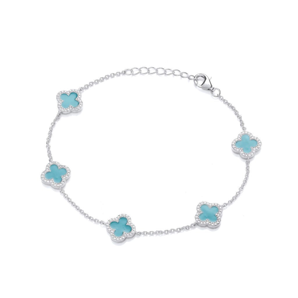 Silver CZ Clover Bracelet with Turquoise Enamel 2972T