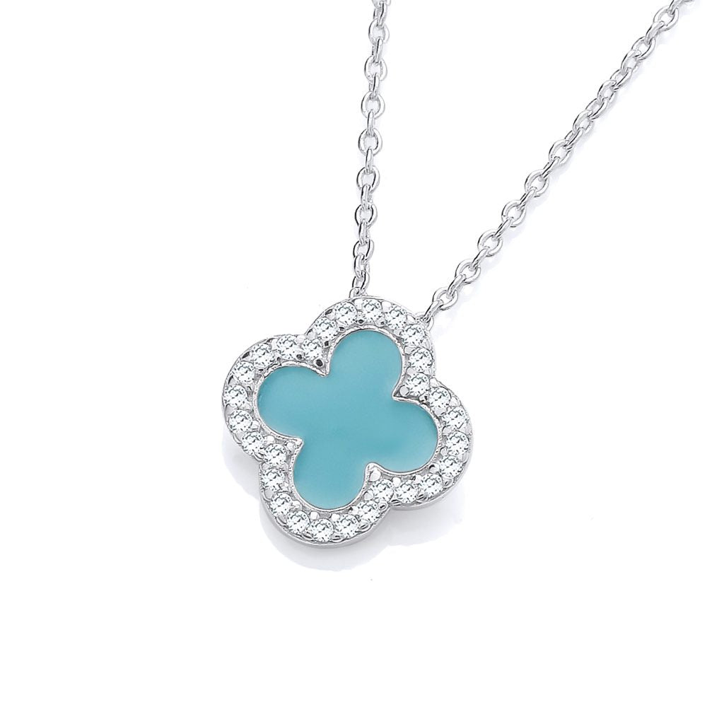 Silver CZ Clover Necklace with Turquoise Enamel 6972T