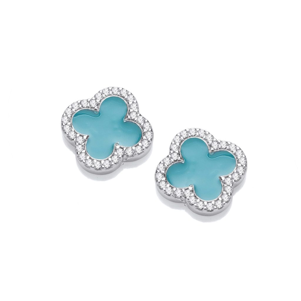 Silver CZ Clover Earring with Turquoise Enamel 50137T
