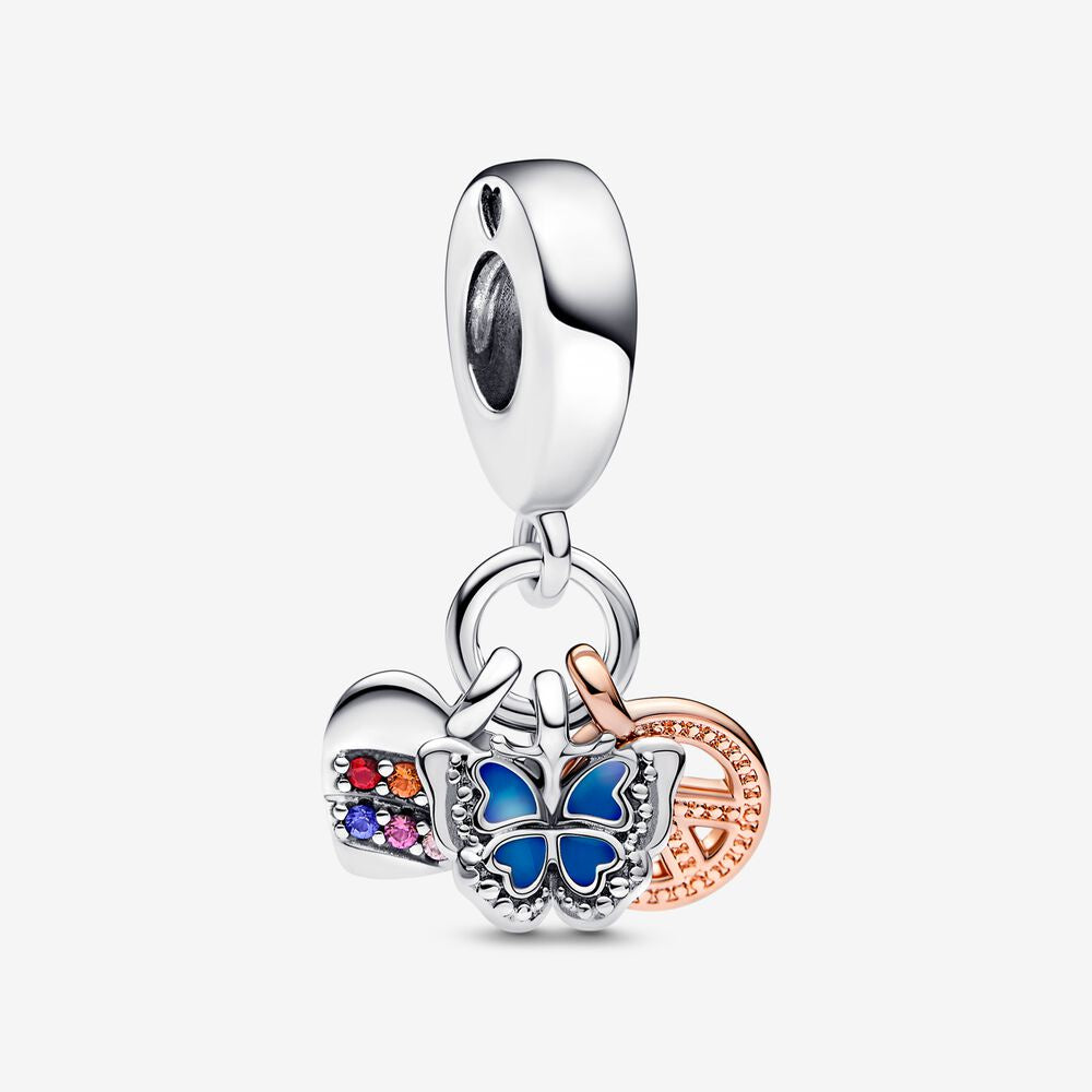 PANDORA Two-Tone Rainbow Heart, Butterfly & Peace Triple Dangle Charm 782572C01