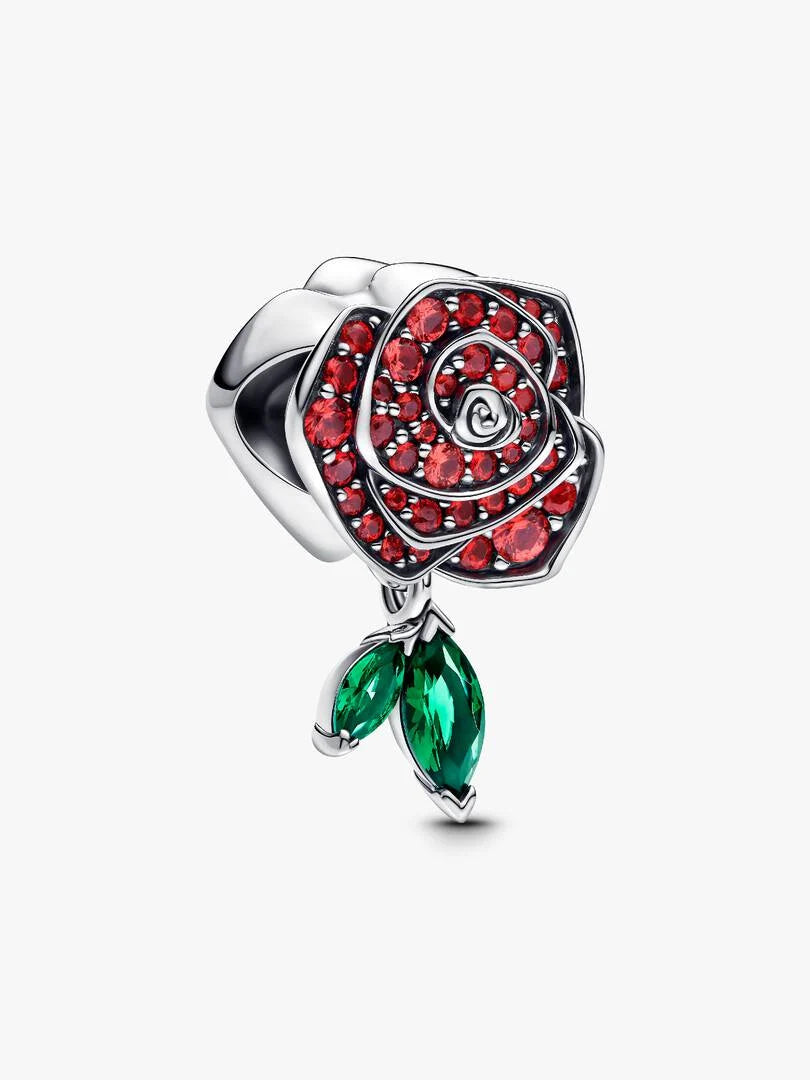 PANDORA Silver Rose charm with Red & Green Crystal 793201C02
