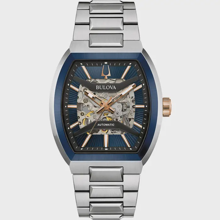 Bulova Maquina Mens Blue Skeleton Dial Watch 98A319
