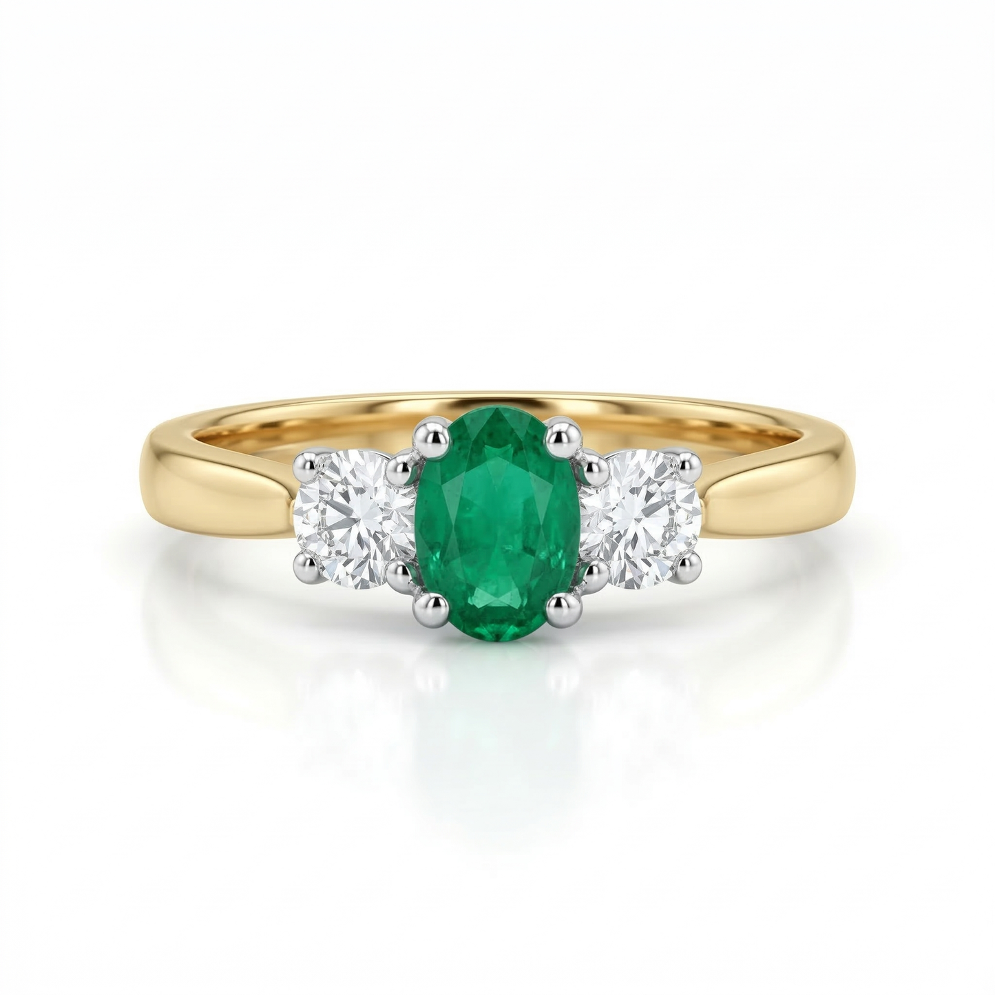 18ct Gold Emerald & Diamond Trilogy Ring - Oval & Brilliant Cut