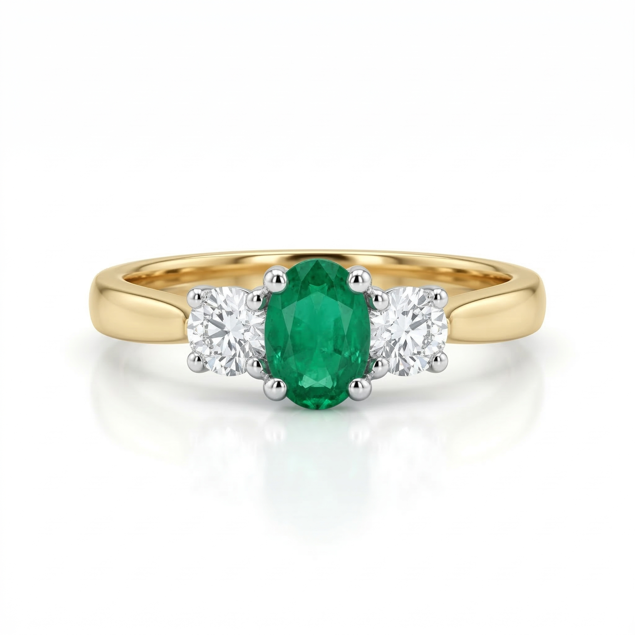 18ct Gold Emerald & Diamond Trilogy Ring - Oval & Brilliant Cut
