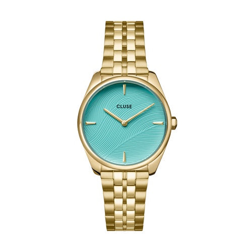 Cluse Feroce Petite Leaf Texture Pool Blue Gold Tone Watch CW11220