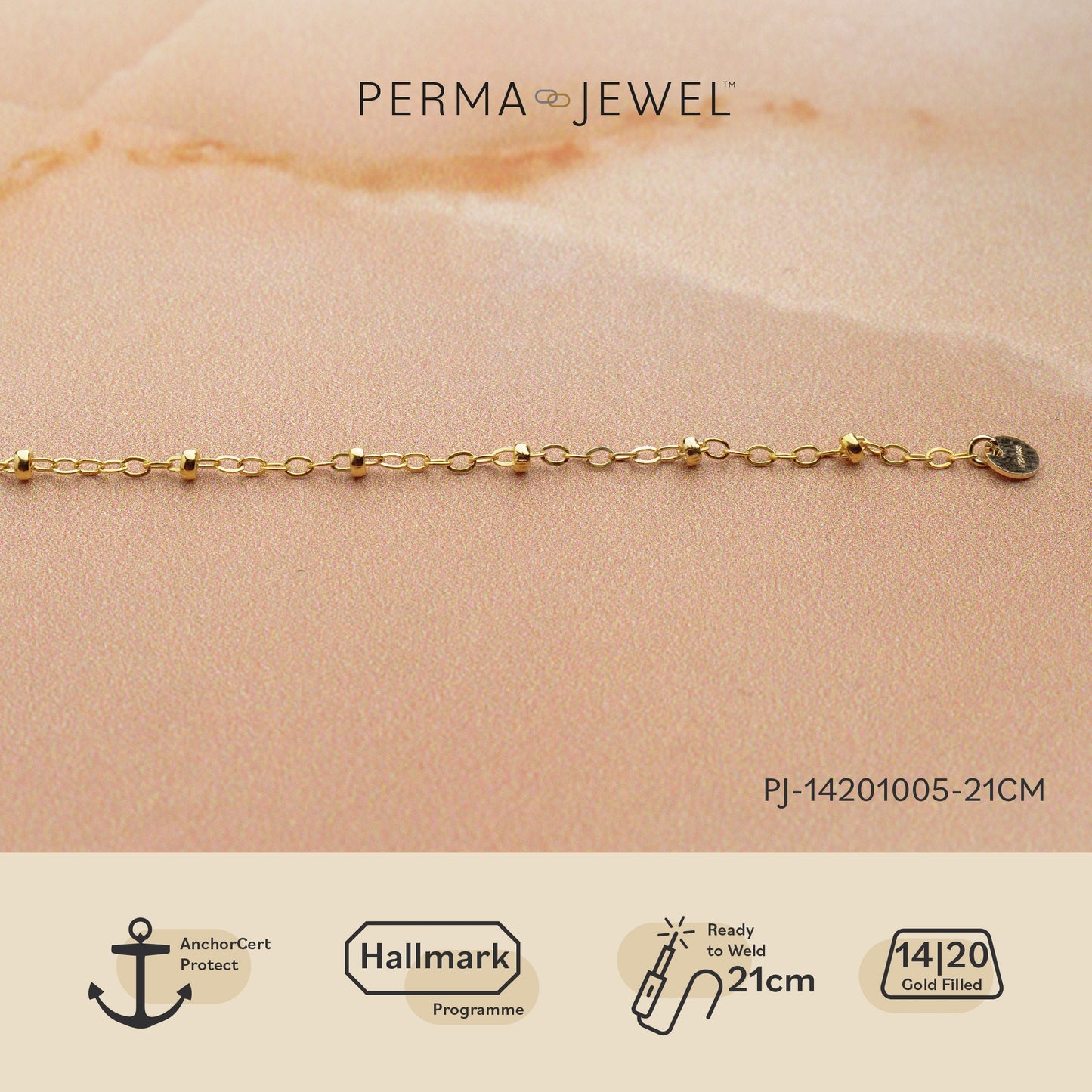 Perma Jewel Gold Filled Flat oval cable with Beads Anklet PJ-14201005-27cm