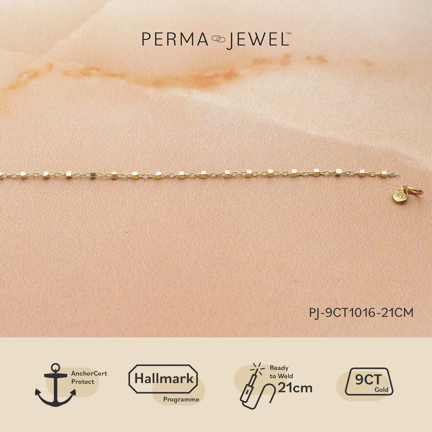 Perma Jewel 9ct yellow gold cube link welding bracelet PJ-9CT1016-21CM