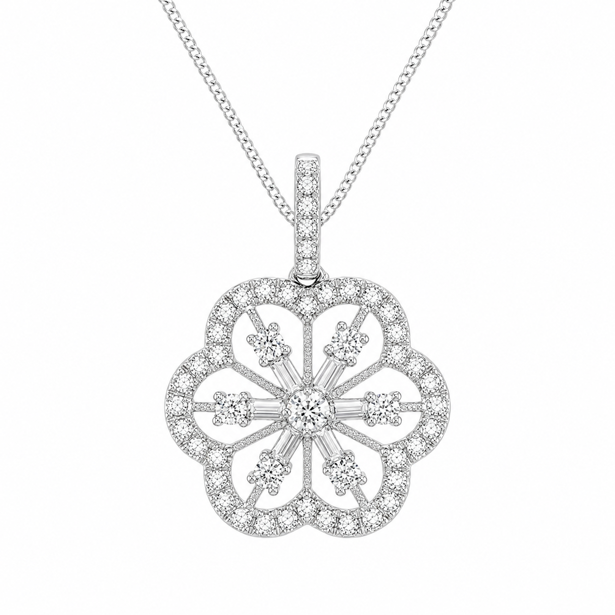 18ct White Gold Diamond Flower Design Pendant