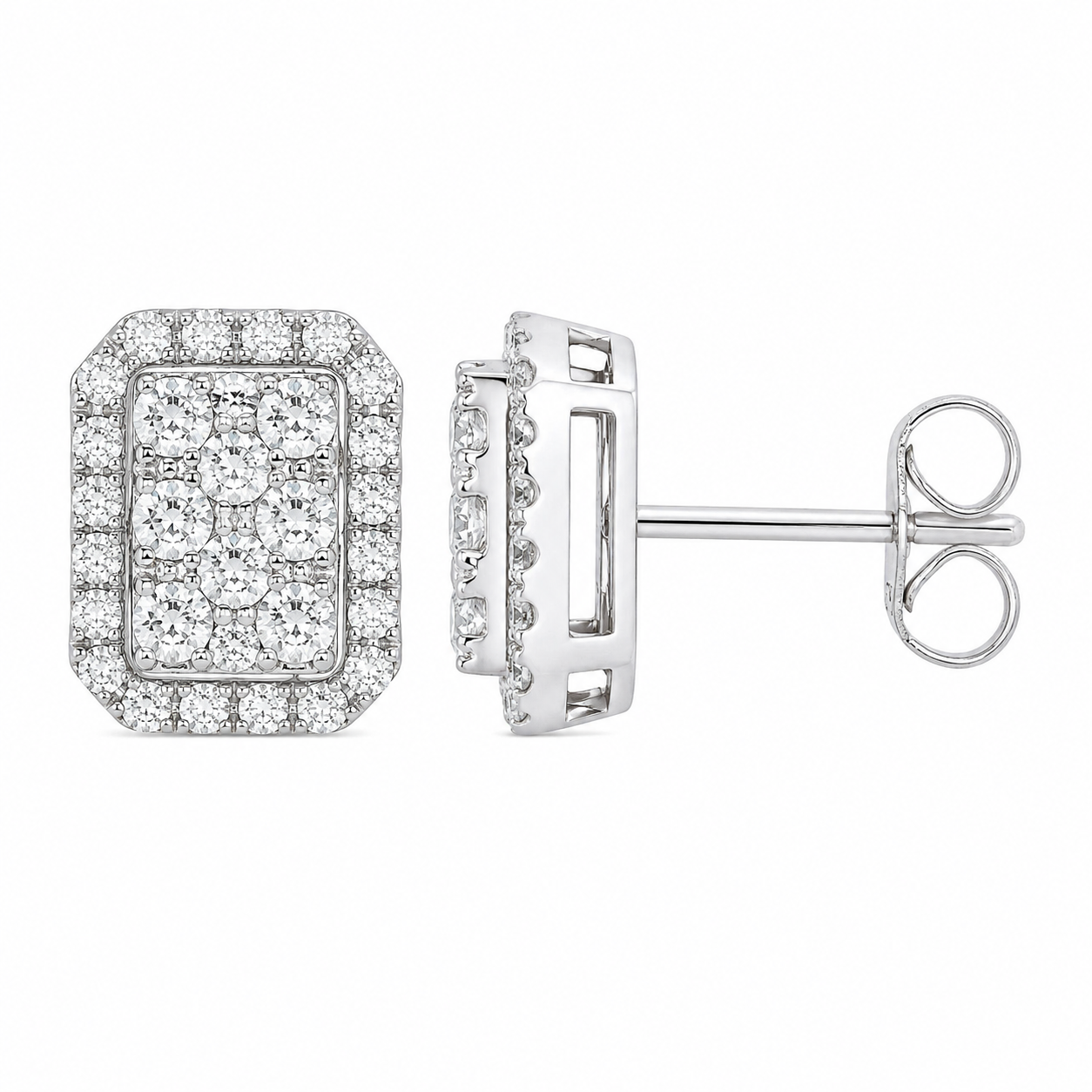 9ct White Gold Diamond Cluster Rectangular Earrings