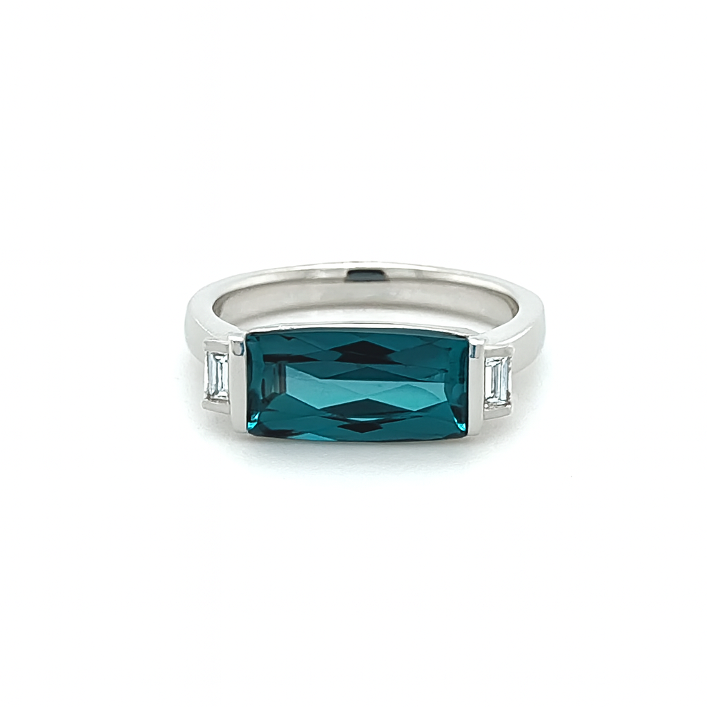 Platinum Long Cushion Teal Tourmaline Ring with Baguette Diamonds