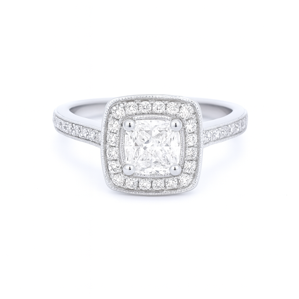 18ct White Gold Diamond Halo Ring - Cushion Cut H VS1