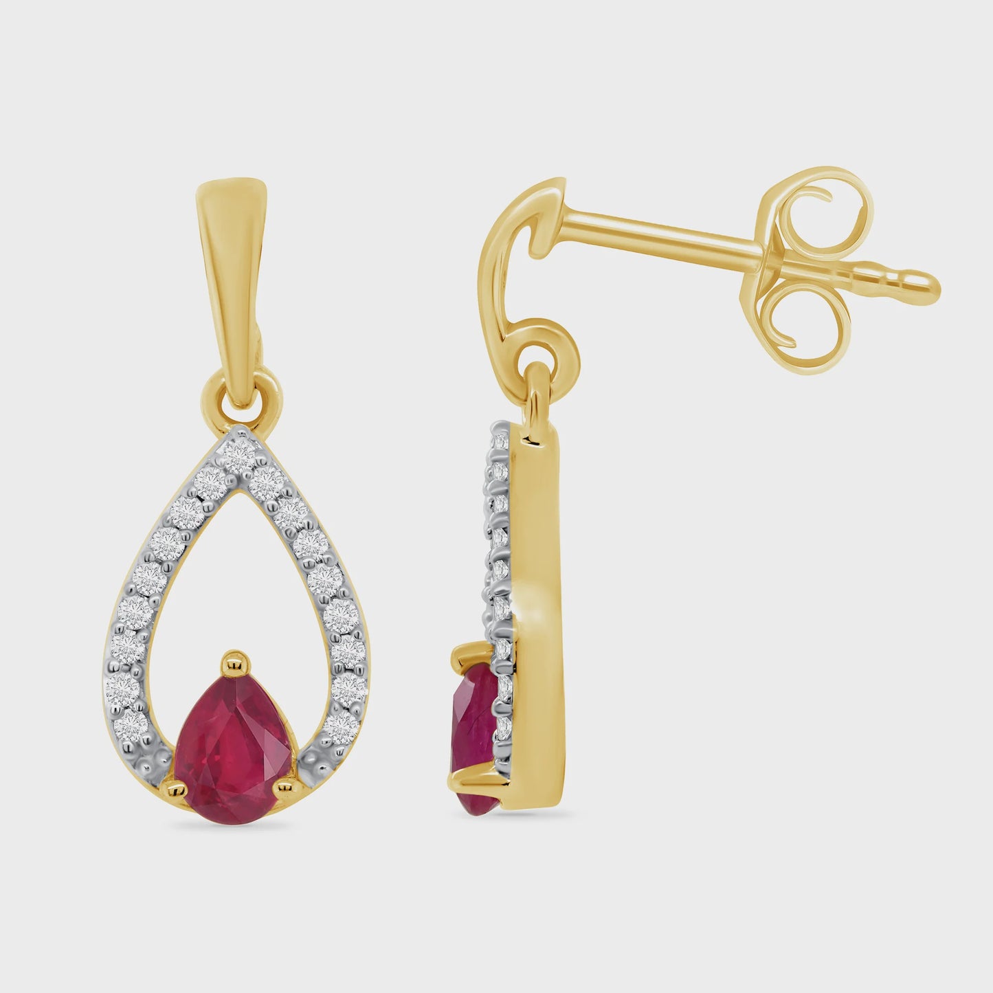 9ct gold pear shape ruby & diamond drop earrings 0.10ct DRE1039