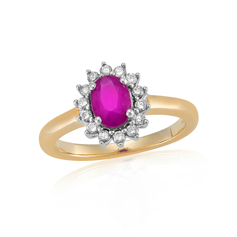 9ct Yellow Gold Oval Ruby and Diamond Cluster Ring