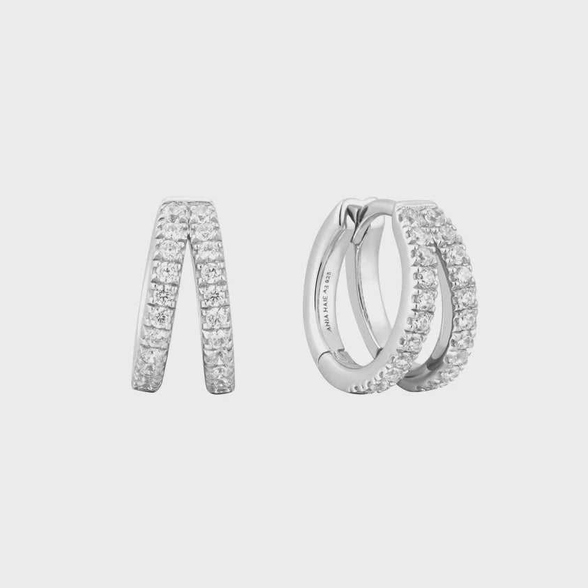 Ania Haie Silver Double Pavé Huggies E059-16H