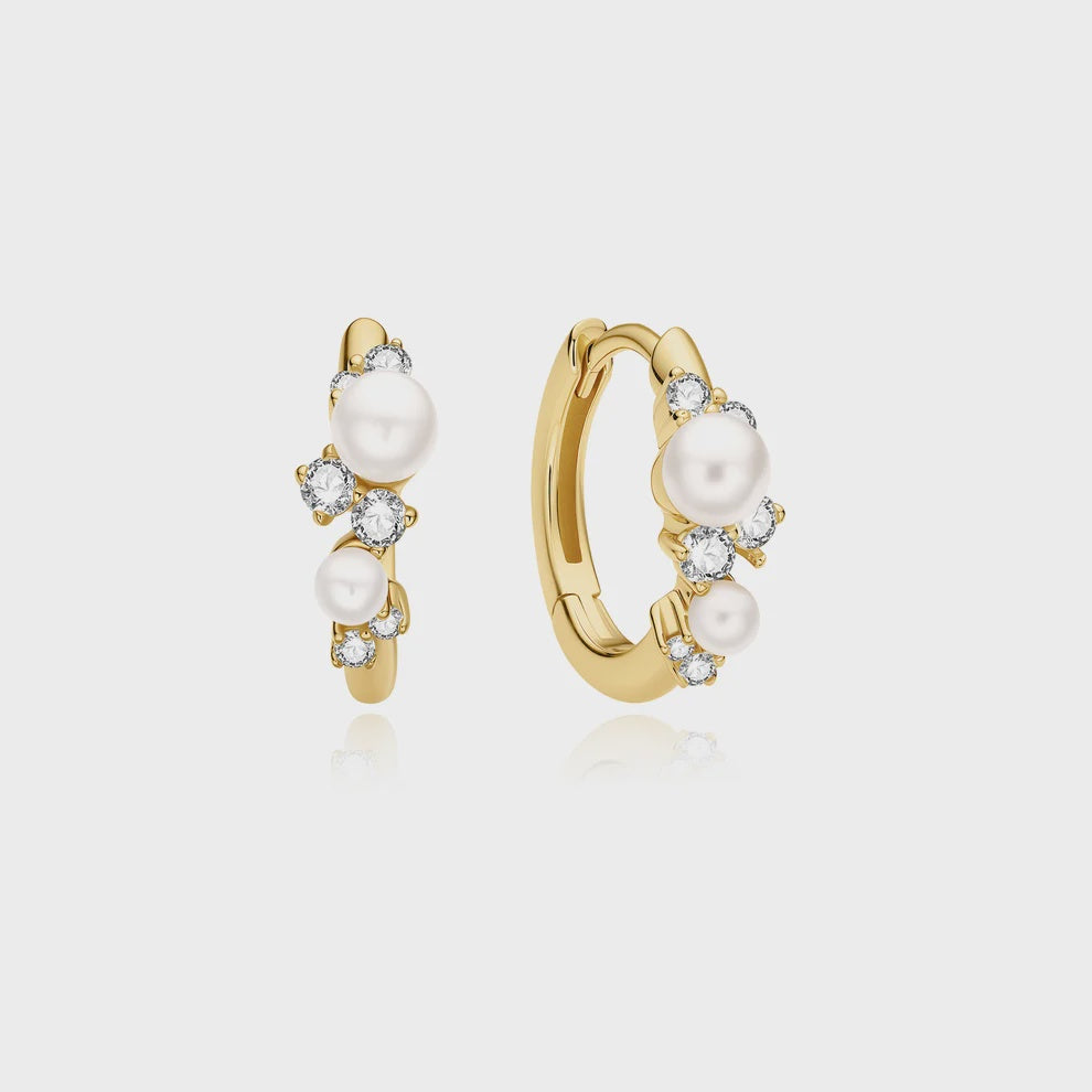 Ania Haie Gold Plated Shell Pearl Cluster Huggie Hoop Earrings E074-05G