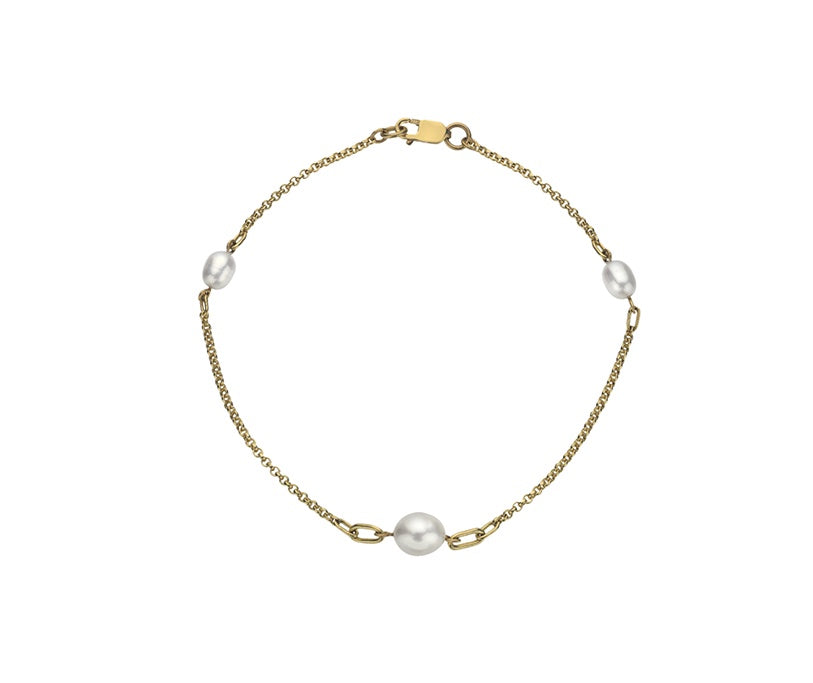 9ct Yellow Gold 3 Pearl Station Bracelet 7.5''