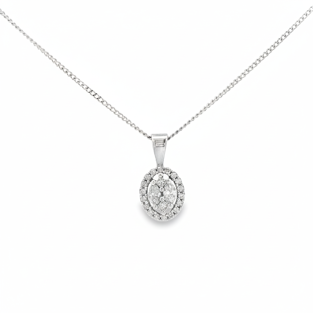 18ct White Gold Oval Shaped Diamond Cluster Pendant