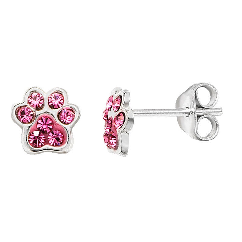 Silver Pink CZ Paw Print Stud Earrings SE061B