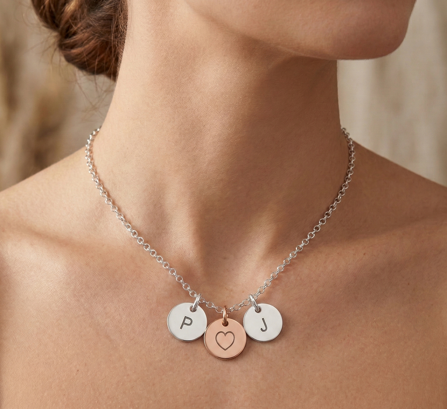 Silver & Rose Three Disc Love Heart Necklace - Personalised