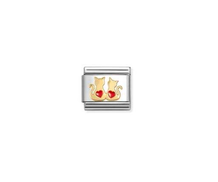 NOMINATION Gold Double red Hearts Cats Charm 030285-70