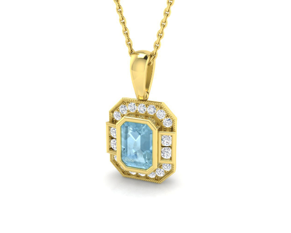 9ct Gold Aquamarine & Diamond Vintage Design Pendant