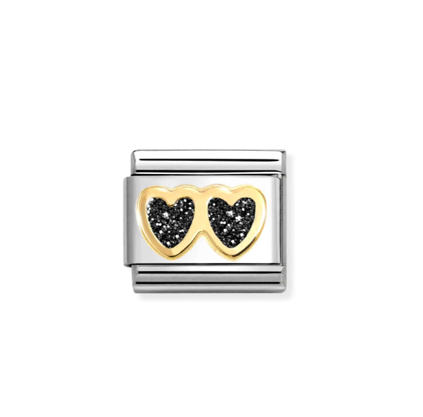 NOMINATION 18k Gold Black Glitter Double Heart Charm 030220/14