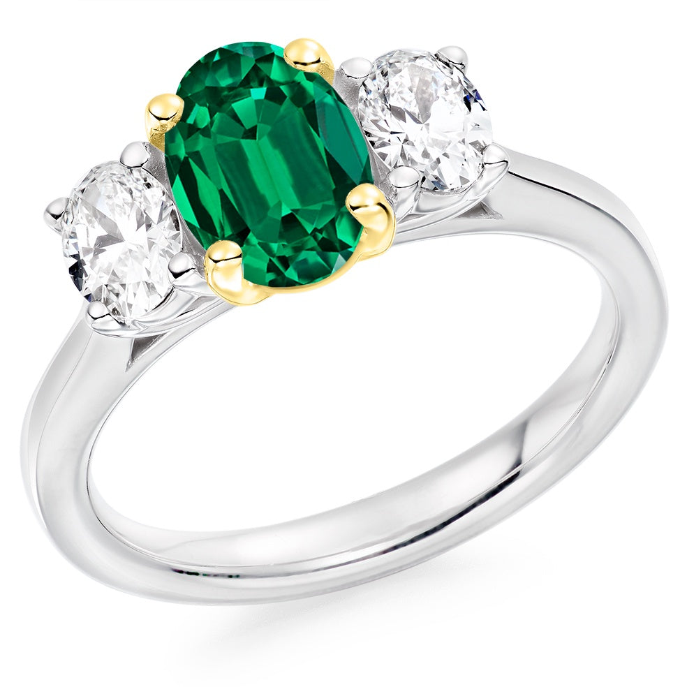 Platinum Emerald & Diamond Trilogy Ring - Oval Cut