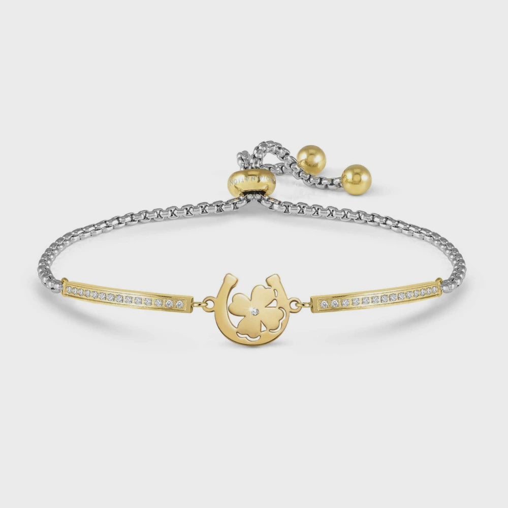 Nomination Milleluci Bracelet, Ed. Refined, In Steel And Cubic Zirconia (rich Gold) Horseshoe Four-leaf Clover 028018-078