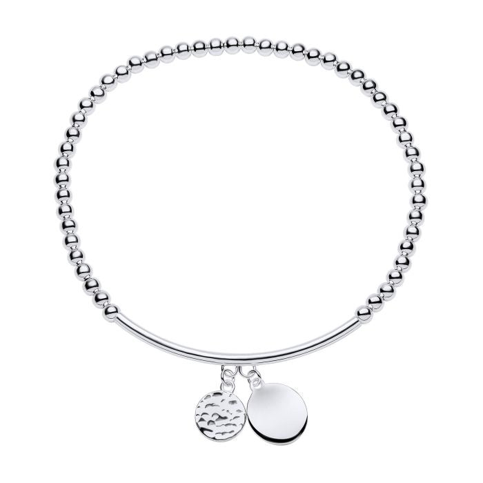 Silver Engravable Beaded Stretch Bracelet with Disc Charms B5499